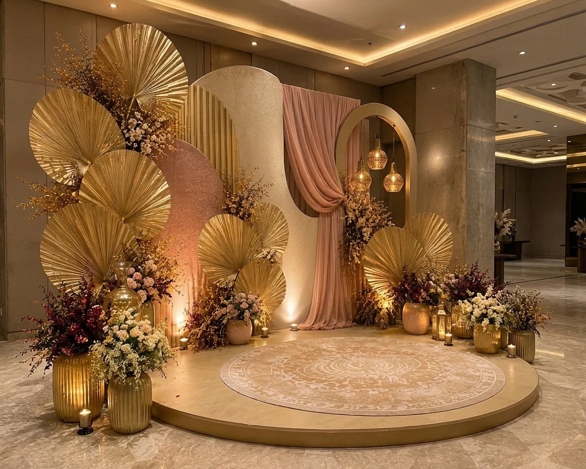 Celebria's delivered blush stage with gold fans, warm lighting and floral arrangements