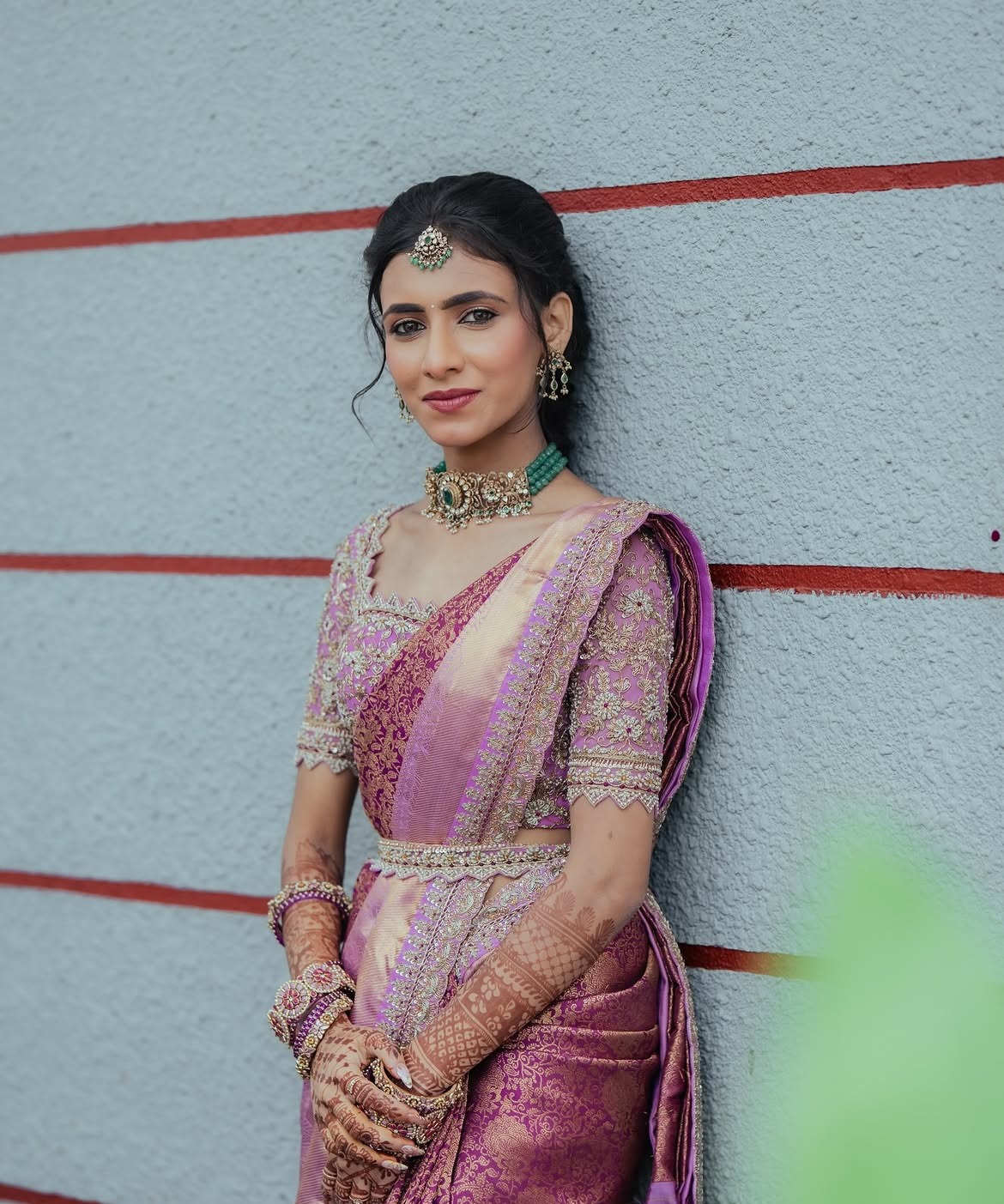 Bride in a lavender silk sari