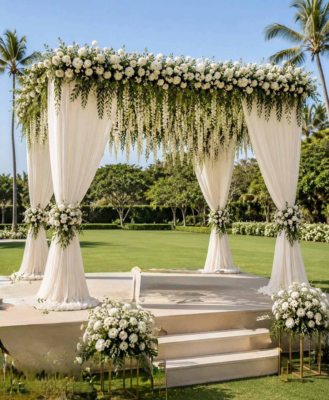 White floral canopy with flowing ivory drapes on a garden lawn