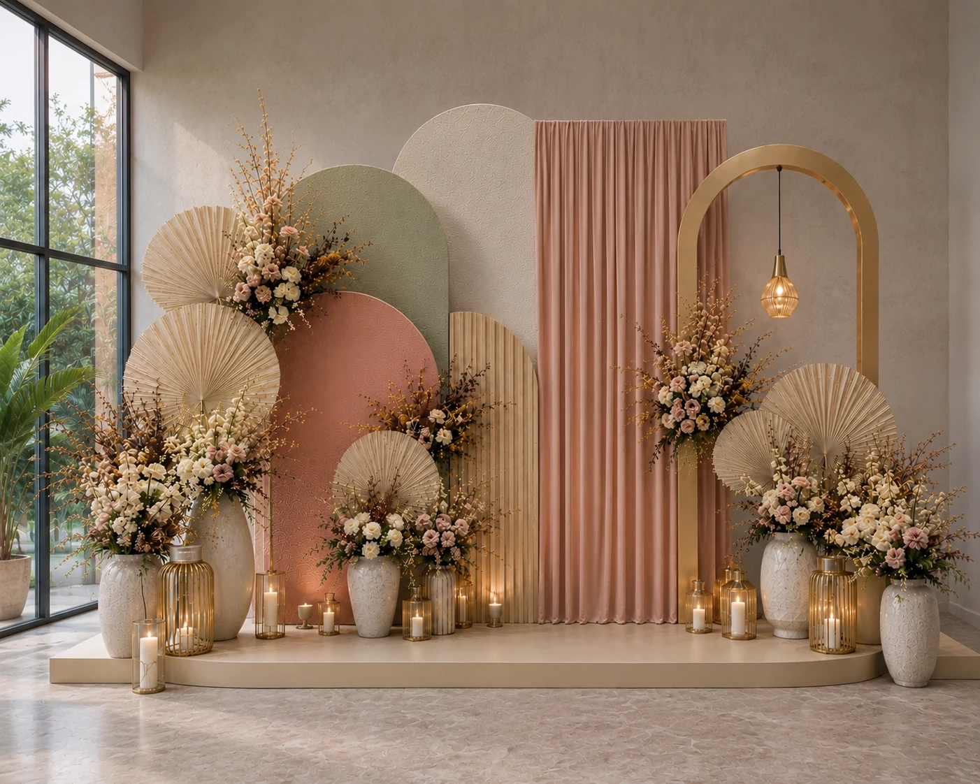 Blush and ivory stage design with sculptural fans, florals and a gold arch